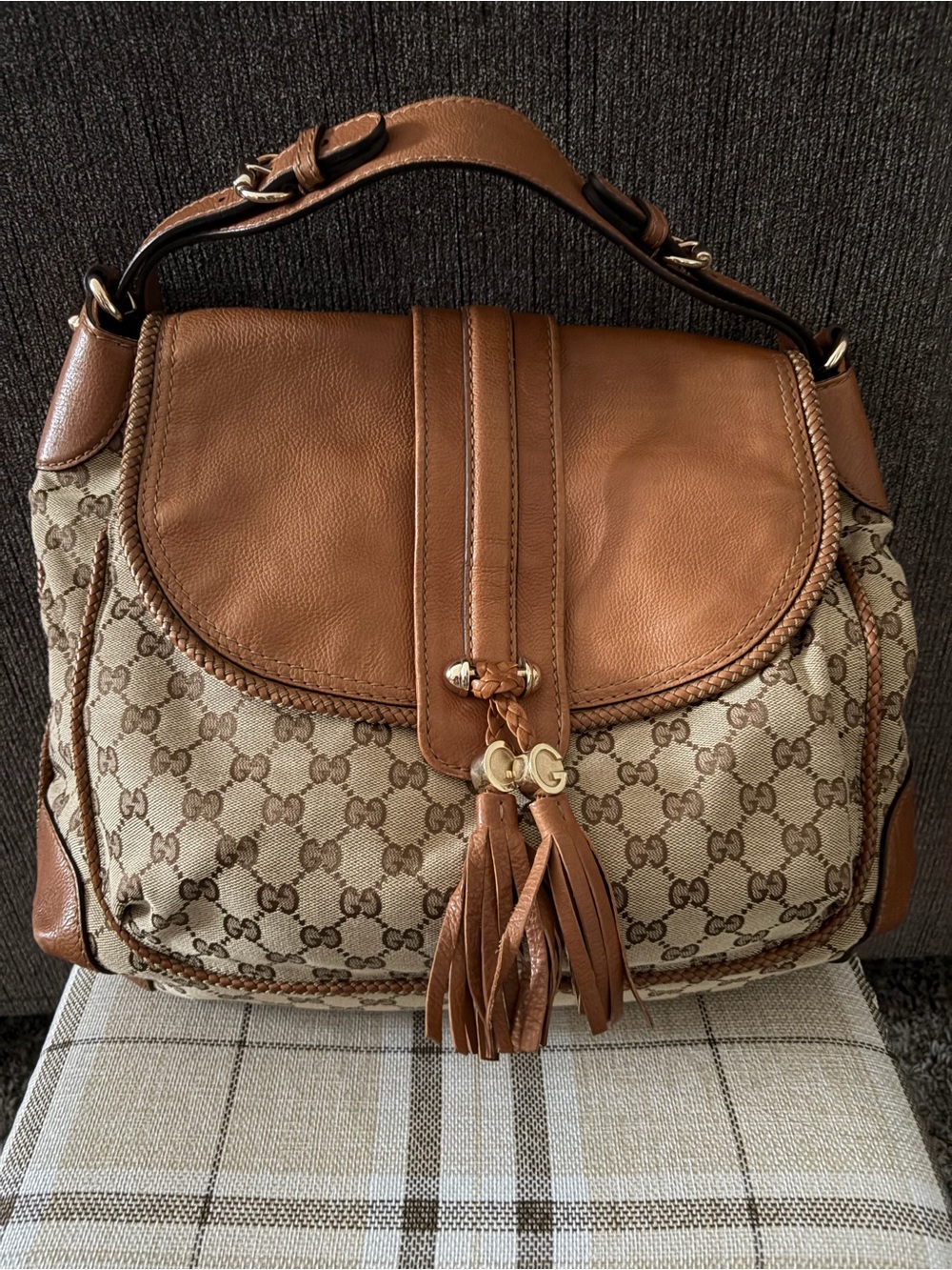 Authentic Gucci Tan/Brown GG Canvas Leather Tassel Shoulder Hobo Bag - Picture 11 of 11